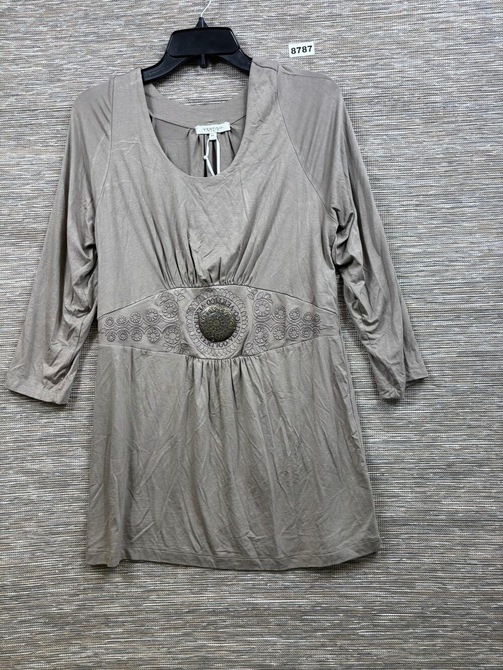 Vertigo Paris Blouse Womens XL Gray Embroidered Waist 3/4 Sleeve Tunic Top